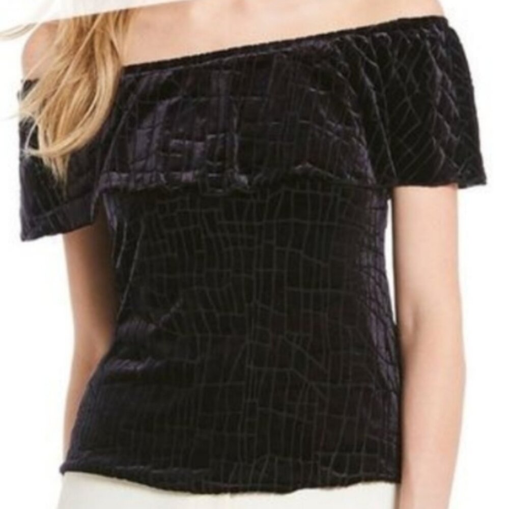 H Halston Womens Size XS/TP Black Velvet Off The Shoulder Textured Blouse NWT
